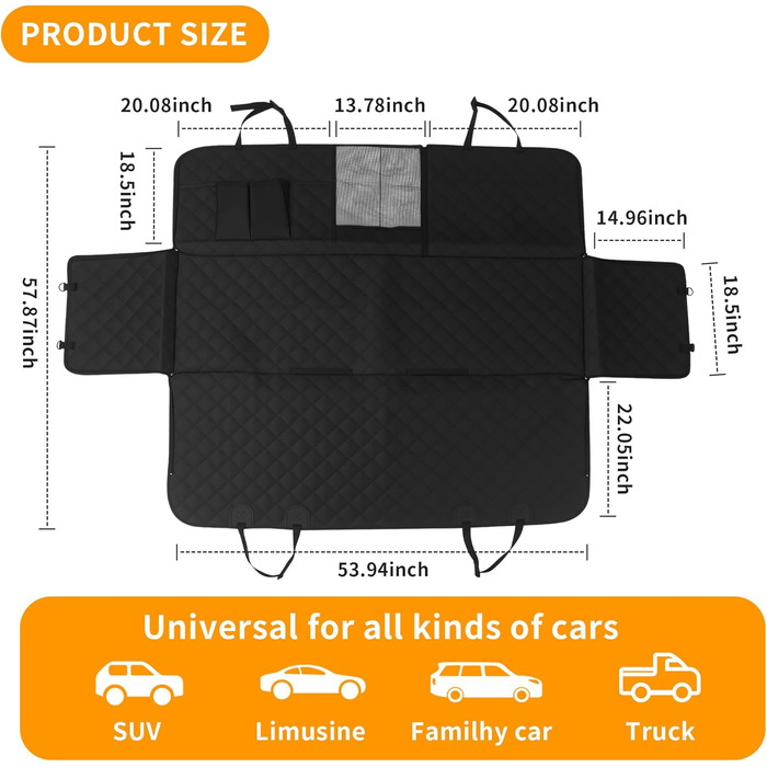 Захист для заднього сидіння автомобіля для собак, водовідштовхувальний, неслизький, з боковинами та оглядовим вікном, 137 x 147 см