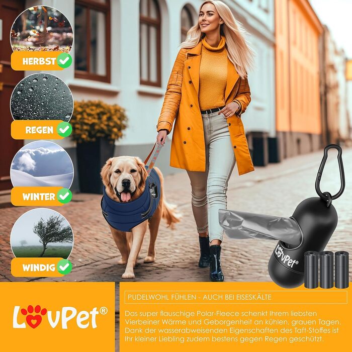 LOVPET® Зимова куртка для собак 4XL, водонепроникна, утеплена, з вбудованим шлейкою, рефлекторами та D-кільцем, темно-синя, у комплекті 45 пакетів для прибирання та диспенсер