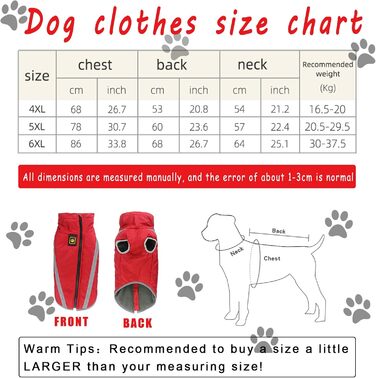 Зимова куртка для собак, тепла водонепроникна куртка для середніх та великих собак. Підходить для Лабрадорів, Бульдогів, Самоедів. З флісовою підкладкою та світловідбиваючими елементами. Розмір 6XL/68см, червоний колір