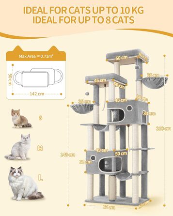 Комплекс для котів Hzuaneri Kratzbaum 213 см XXL: Дряпка-стовпчик, будиночок, платформа, лежак для Maine Coon (Світло-сірий)
