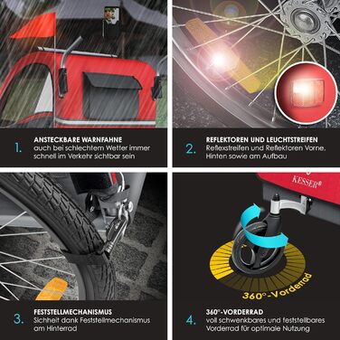 Дитячий велопричіп KESSER Sport-RX 2в1 (велопричіп/візок) для 1-2 дітей, 360° обертання, 5-точкова система безпеки, максимальне навантаження 40 кг, тримач для напоїв та смартфон, червоний