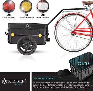 Причіп для велосипеда KESSER®: вантажний, ручний, з кутом висоти, об'єм 70 літрів (2 ящики для пива), чорний