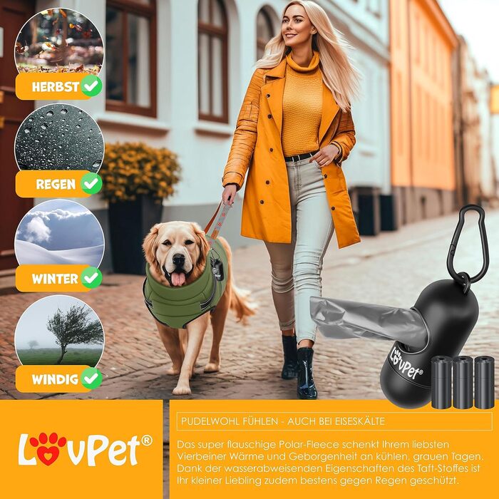 LOVPET Зимова куртка для собак XL, утеплена та водонепроникна, з вбудованим шлейкою, світловідбивачами, D-кільцем, у комплекті 45 пакетів для прибирання та тримач, колір хакі