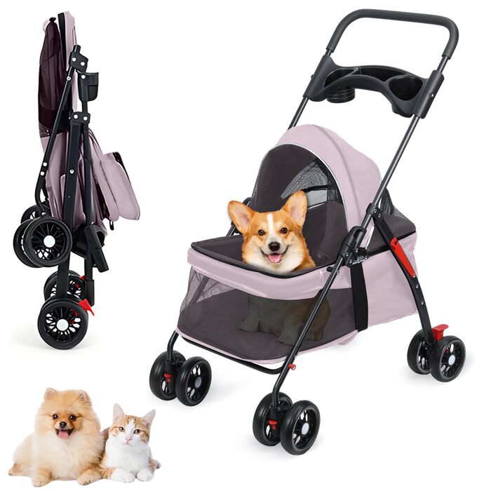 Візок для собак і котів до 10 кг, складний - рожевий. Зручний візок для тварин з регульованим дахом, сіткою та гальмом