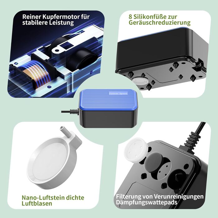Повітряний компресор для акваріума Forever Speed Leise 2W, 120л/год, надтихий (до 30дБ) з одинарним виходом, для збільшення кисню