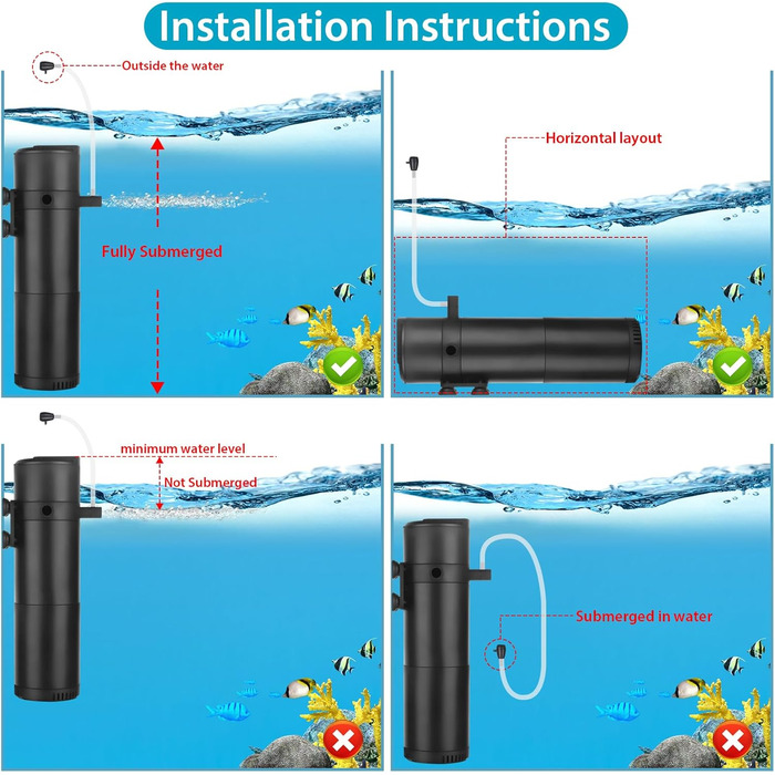ITIY Внутрішній фільтр для акваріума 300-500л, регульований, 25W, 2000л/год, з подвійним виходом води та аерацією