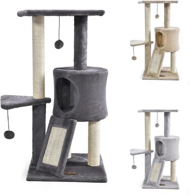 Дряпак для котів PATAM з сизалю, котяча печера та пандус, посилена основа, легка збірка – висота 83,5 см, іграшки Бежевий (Темно-сірий)