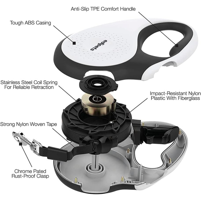 Рулетка для собак Edipets, висувна, нейлон, 5 м, 360°, для малих, середніх та великих собак (біла, M)