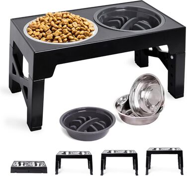 Підвищені годівниці для собак DicePro з регульованою висотою та повільною годівницею, 2 миски з нержавіючої сталі – для малих, середніх та великих собак
