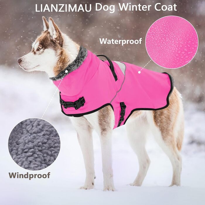 Водонепроникний собачий плащ IANZIMAU з шлейкою, зимовий, флісовий, з відбиваючими елементами, для маленьких, середніх та великих собак, сіро-зелений (M, Рожевий)