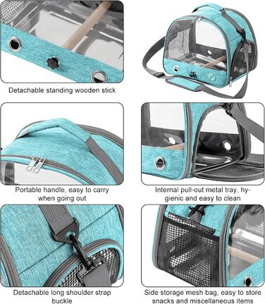 Транспортна сумка для птахів Vogel з підставкою та металевим підносом, переноска для папуг, рюкзак для птахів з дерев'яною ручкою, переносна клітка для малих птахів, блакитна