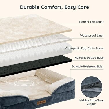 Ортопедичне ліжко для собак BELLA & PAL, 71x59 см - зручне собаче ліжко з ефектом пам'яті, водовідштовхувальний вкладиш, знімний фланелевий чохол, неслизьке дно, сіре