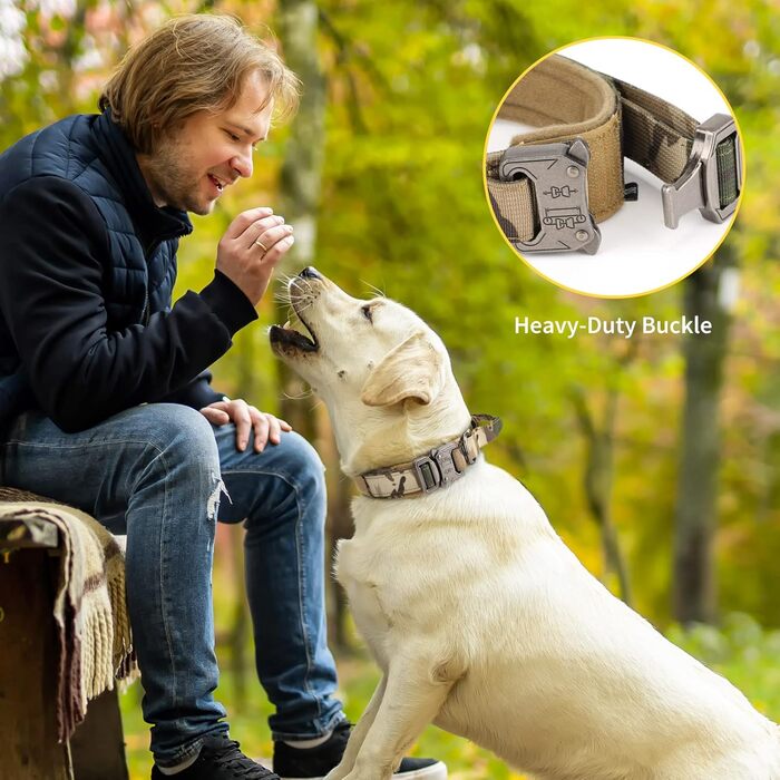 Тактичний нашийник для собак Huntvp, регульований, з ручкою контролю, з нейлону, з підкладкою, металева застібка, для середніх собак, для полювання, тренувань, активного відпочинку, камуфляж M