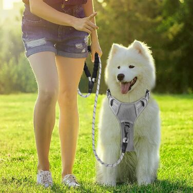 Страхувальна шлейка для великих собак BARKBAY, не тягне, з кишенею для жетона, міцна, світловідбивна, сіра, розмір L