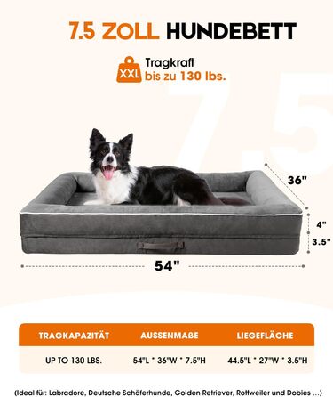Ортопедичне ліжко для собак XXL, корзина для собак, що можна прати, з яєцеподібною піною, водовідштовхувальне диван для собак з неслизьким дном та чотиристоронні подушки (Сірий, 137x91x19 см)