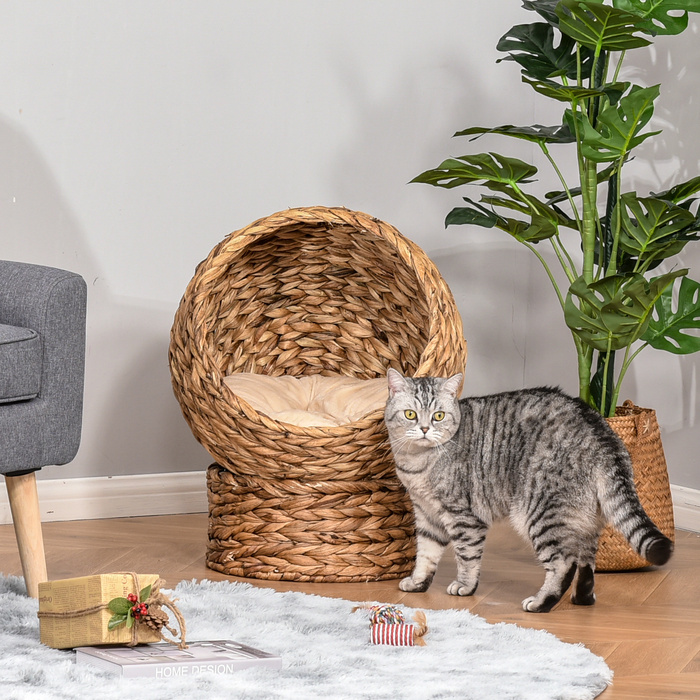 PawHut Ротанг Cat Cave Cat лежак з водяною гіацинтовою подушкою 50x42x60см світло-коричневого кольору для затишного відпочинку