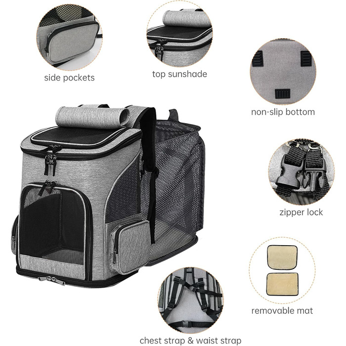 Рюкзак для тварин: переноска для собак та котів до 10 кг, сірий. Розкладний, з 2 матами