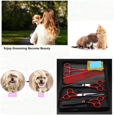Набір ножиць для собак 7.0' 6 в 1: прямі, вигнуті, фінішна ножиця, пінцет, гребінець. Нержавіюча сталь 440C