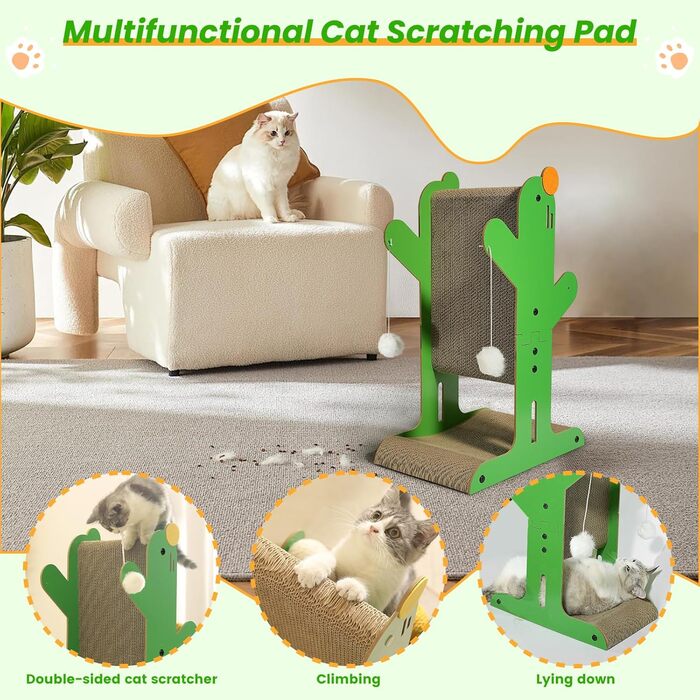 Кігтеточка YEMOO для котів, двостороння з картону, T-подібна, вертикальна, для захисту стін та диванів, з 3 сизалевих кульок та 2 плюшевих іграшок