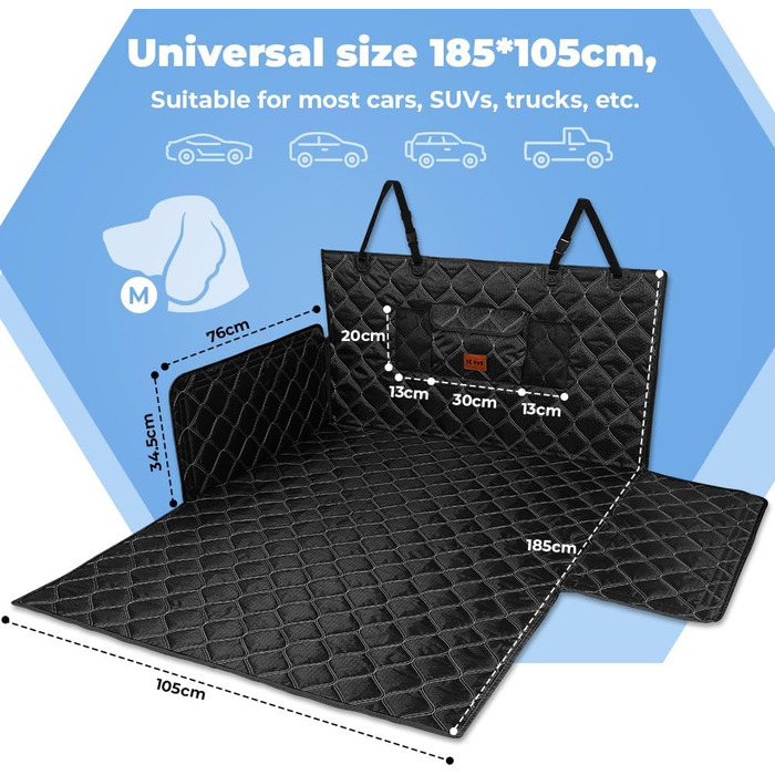 Захист для багажника автомобіля KYG: стеганий килимок для собак з захистом бокових панелей та краю, вологостійкий, стійкий до подряпин, універсальний, чорний, 185x105 см