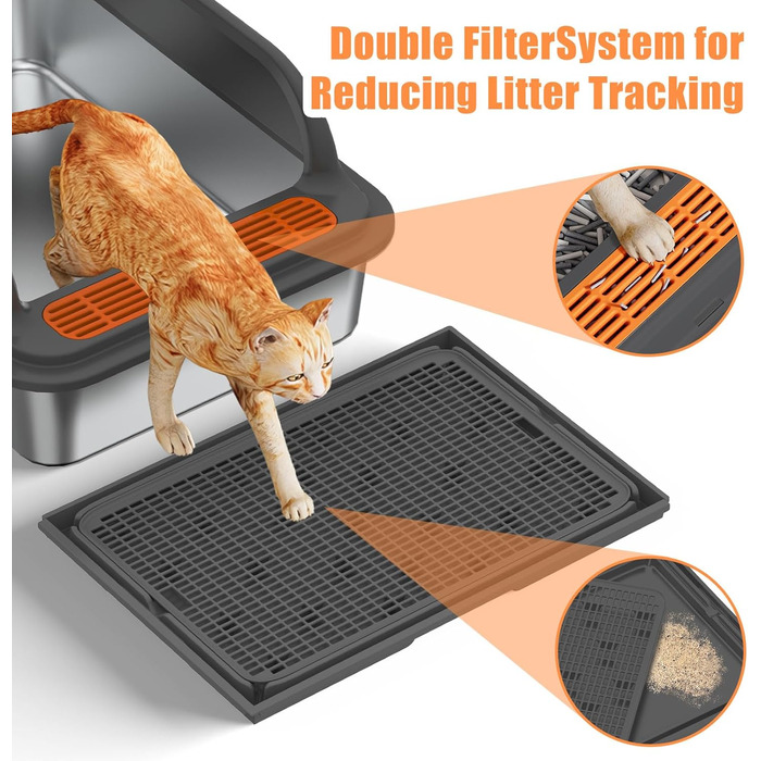 Кігтеточка-лоток для котів Euakee з нержавіючої сталі з кришкою, XL, великий, для великих котів, з високими бортиками, з лопаткою та педалем, антипригарне покриття, захист від протікання, легко чистити