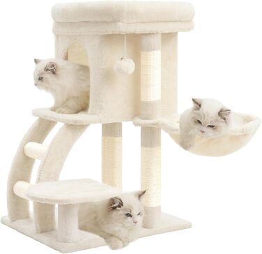Кігтеточка для котів Heybly Kratzbaum 75 см з платформою, печерою, гамаком, драбиною та іграшками, бежева HCT009SM