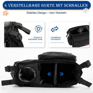 Органайзер для дитячої коляски та собак, сумка-органайзер для аксесуарів для собак з дозатором пакетів для екскрементів, кишенькою для ласощів та тримачем для чашки, сумісний з ручками 35–48 см, подарунок для любителів тварин, чорний