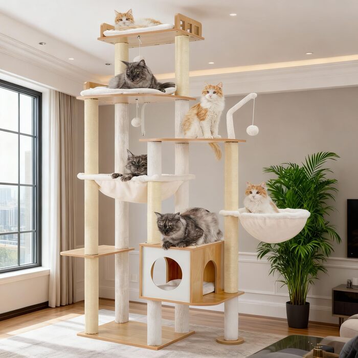 Дерев'яний котячий комплекс Heybly Kratzbaum HCT121WB: 179 см, платформа, будиночок, гамак, сизаль, стабільний, легка збірка