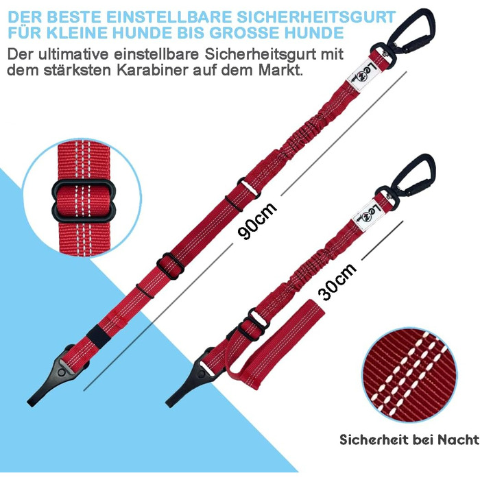 Автомобільний повідок для собак LeoPets: безпечний, регульований, для всіх розмірів (30-90 см), з карабіном та світловідбиваючими елементами (червоний)