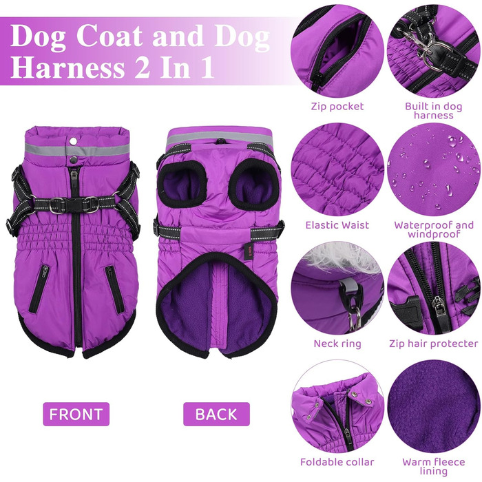 Водонепроникний зимовий одяг для собак з інтегрованим шлейкою, M, фіолетовий