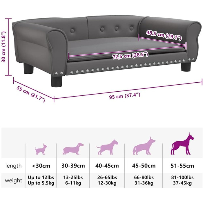 Крісло-ліжко для собак, лежанка для собак з м'якою подушкою, диванчик для маленьких собак, лежанка для домашніх тварин, лежанка для котів, штучна шкіра (95 x 55 x 30 см, сірий)
