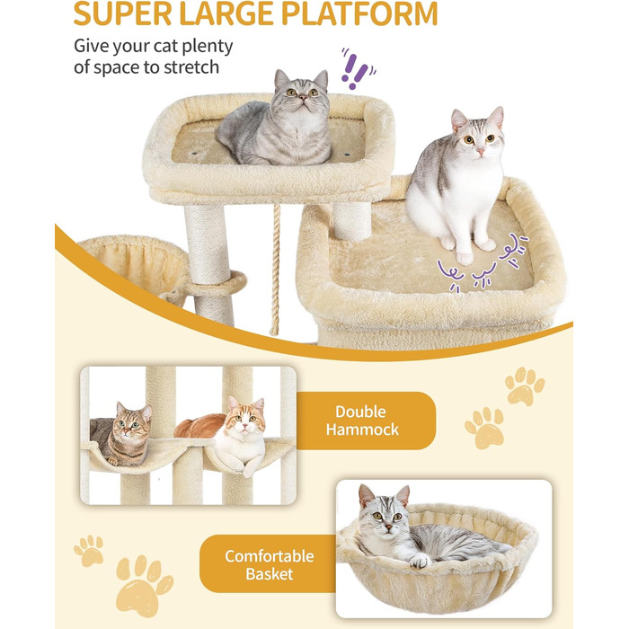 Кігтеточка Hzuaneri XXL 200 см з 10 стовпчиками, 2 печерами, 2 гамаками, великою платформою, щітками для котів, кошиком. Підходить для Maine Coon та великих котів (Бежевий)