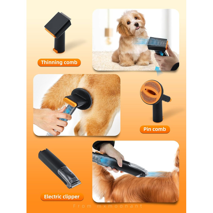 Набір для догляду за шерстю собак 3-в-1 Mxmoonant: пилосос, сушарка, триммер. Регулювання потужності та температури, 7 насадок, сумка для зберігання та рушник