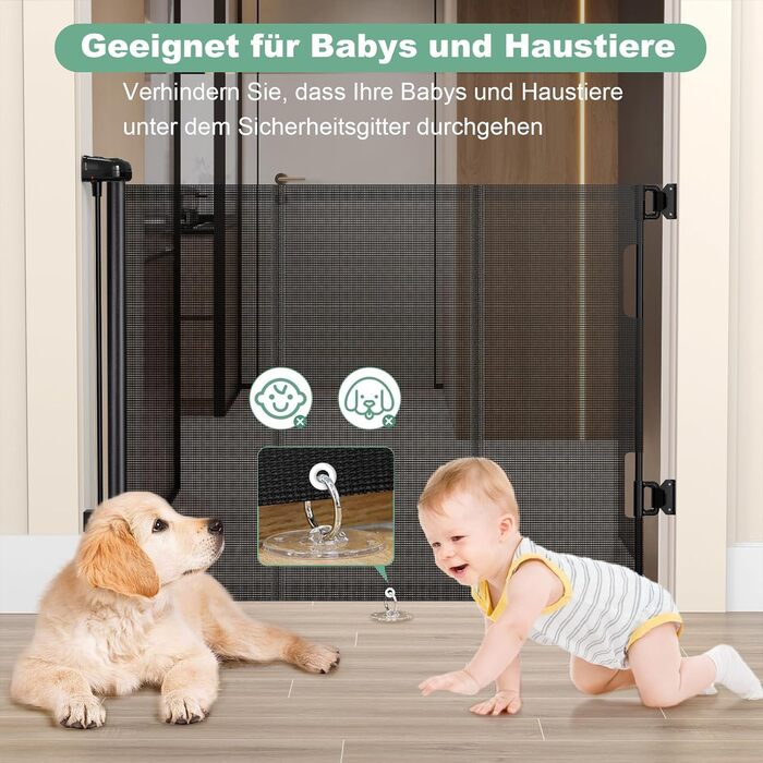 Захист для сходів з замком, висувний захист для дітей та собак, 150 см ширина, 83 см висота, автоматична засувка, чорний (140 см, без свердління)