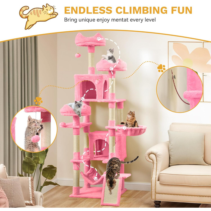 Кігтеточка YITAHOME для котів, велика, 190 см, з 8 стовпів з сизалю, 3 платформи, 2 печери, кошик, гамак, м'ячики, дошка для шліфування кігтів, рожева