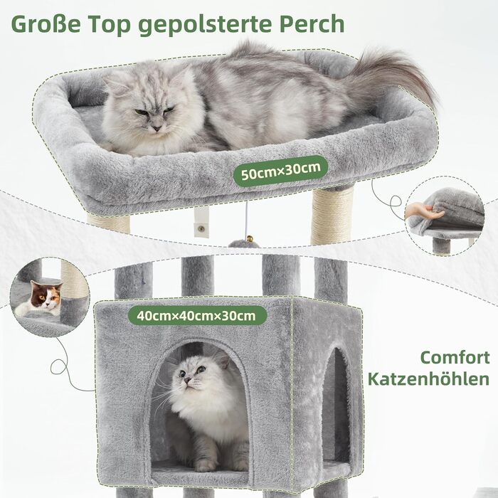 Комплекс для котів Gitelsnour Kratzbaum 135 см, світло-сірий: кігтеточка, будиночок, платформа, гамак - для великих котів до 20 кг