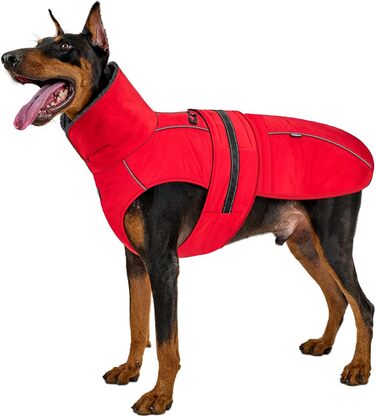 OneTigris STORMWALL Водонепроникний дощовик для собак з регульованою довжиною спини, флісовою підкладкою, світловідбиваючими елементами та коміром з хутра для прогулянок на природі, середніх та великих собак, L (XL:39-64кг, червоний)