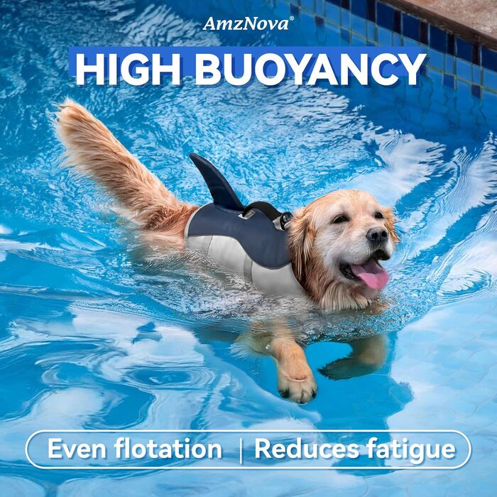AMZNOVA Жилет для плавання собак Shark, жилет з ластами та плавником акули, рятувальний жилет для собак, для катання на човні, допомога у плаванні, легкий, L, (XL: 79-97cm (обхват грудей), Majolikablau)