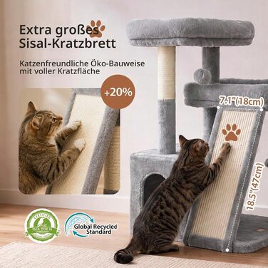 Дряпалка для котів Heybly HCT206SMJ (69 см) з двома лежаками та великою scratching-дошкою, світло-сіра