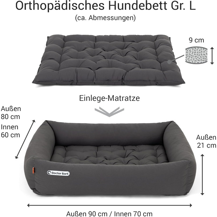 Ортопедичне ліжко для собак Doctor Bark - миється до 95°C, гігієнічне, без запаху, для середніх собак, сірий кошик з лежаком (L - 90x80 см)
