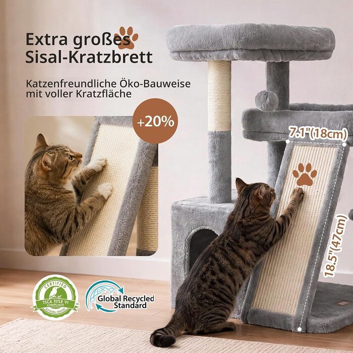 Дряпалка для котів Heybly HCT206SMJ (69 см) з двома лежаками та великою scratching-дошкою, світло-сіра