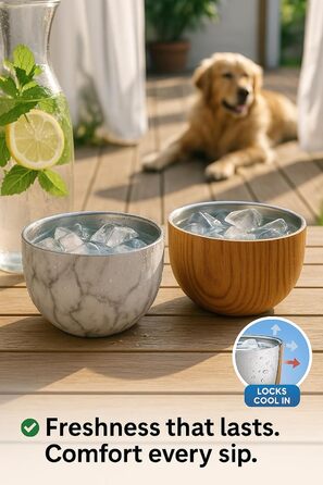 Німецький миска для собак Flamingo з нержавіючої сталі, 700 мл, Ø15,5 см, з подвійними стінками для тривалої свіжості, з антиковзким покриттям, придатна для миття в посудомийній машині, дерев'яна підставка Oase