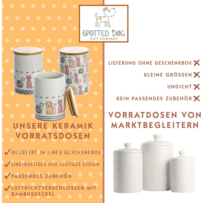 Набір контейнерів для зберігання SPOTTED DOG GIFT COMPANY з кераміки з кришкою, 3 шт. (1.2 л, котячий мотив)