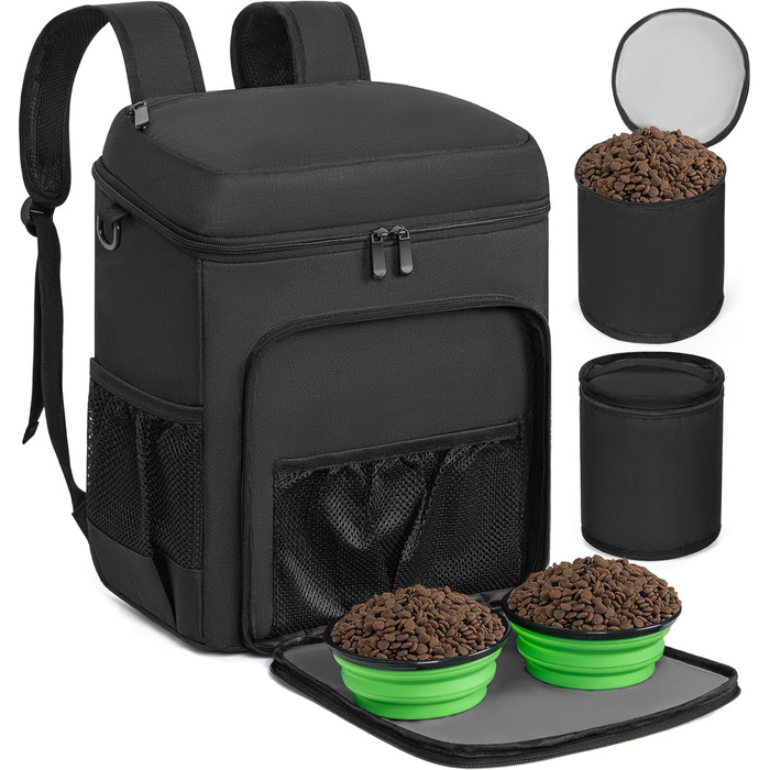 Чорна сумка-рюкзак для собак ANILD, туристична, з TSA-блокуванням, 2 контейнери для корму, 5 силіконових мисок, органайзер для подорожей, хандер