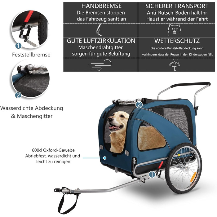 Причеп для собак XL 2-в-1 для велосипеда та візка, з гальмом та світловідбивачами, матеріал 600D Oxford, до 40 кг (Блакитний)