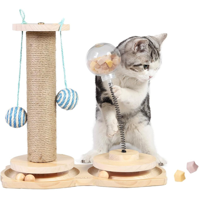 Інтерактивна іграшка для котів Marchul 4-в-1: когтеточка з сизалю, іграшкові м'ячики, куля-дозатор для ласощів. Підходить для кошенят та дорослих котів.