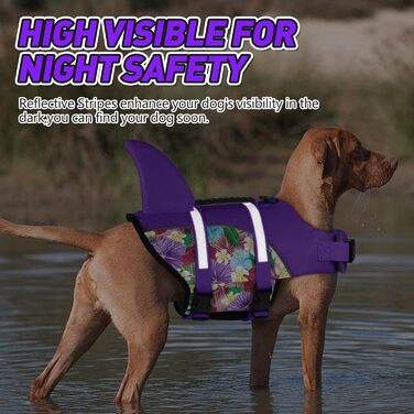 Жилет для плавання собак Doglay, Ripstop, з милим зображенням акули, надзвичайною плавучістю та рятувальним ручкою, регульований, для великих собак, фіолетовий з квітковим малюнком
