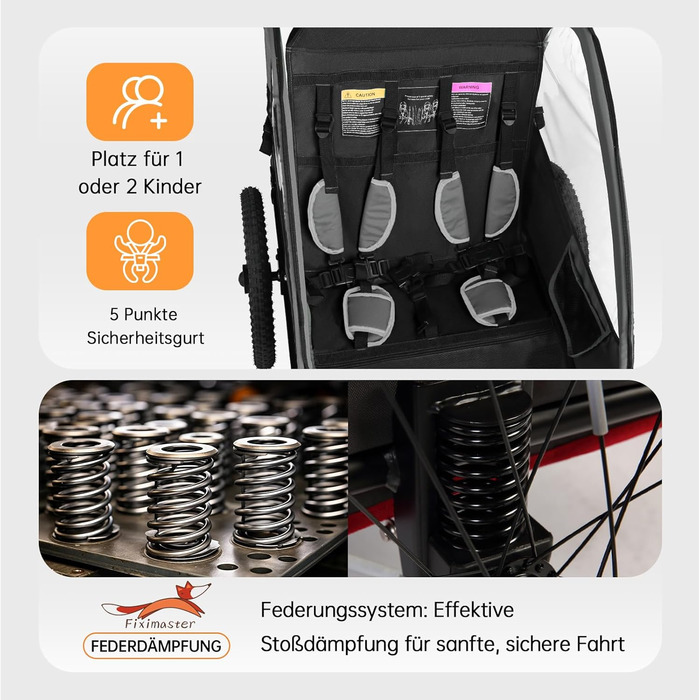 Дитячий велопричіп 2в1 з функцією коляски та бігуна, амортизація, регульована ручка-штовхач та гальма, для 1-2 дітей, до 40 кг, чорний