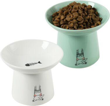 Керамічна миска для котів OMAYKEY з широким дном, 16,5 см, піднята миска для їжі та води, широка, плоска миска для котячого корму, захист від чутливості вусів, втоми, підтримка хребта, зелено-білий колір