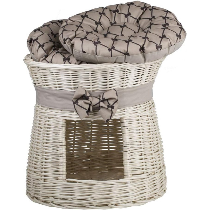 Кругла котяча хатинка e-wicker24 з плетеної лози, двоярусна, з подушкою та стрічкою, котячий турнік (кремово-бежевий)